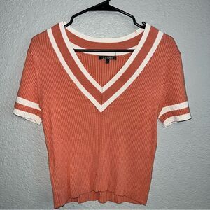 21 Main Womens V-Neck Short Sleeve Knitted Rib Pullover Cropped Top Orange Large